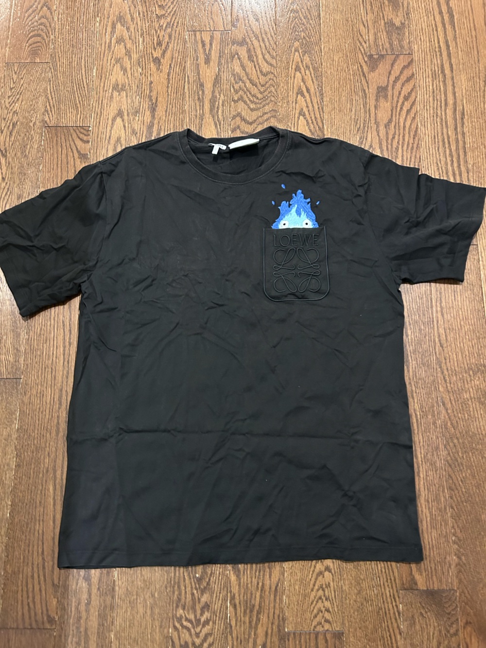 Loewe Black Tee with Blue Graphic and Embossed Logo Patch